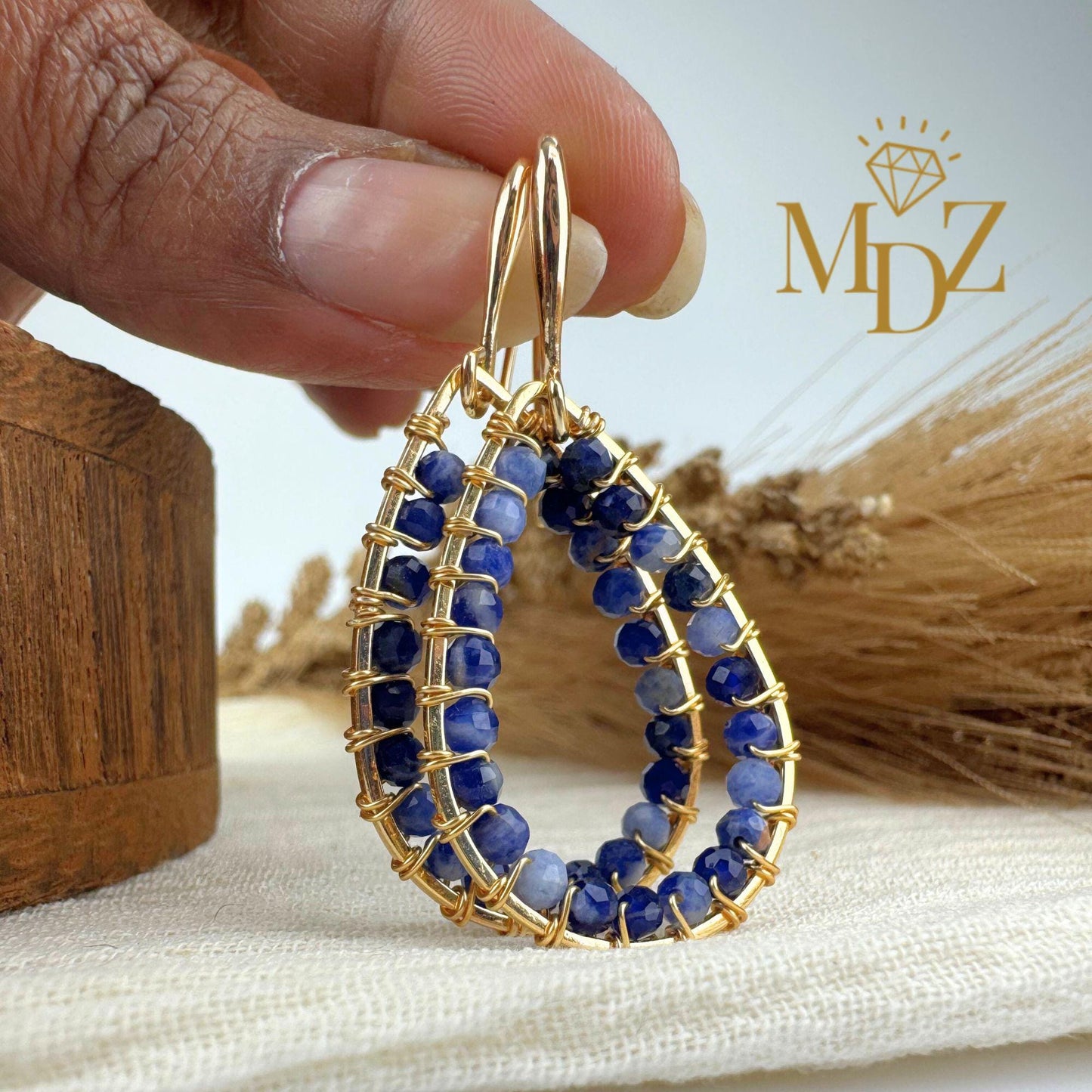 18K Gold Wire Wrapped Gemstone Teardrop Dangle Earrings : Minimalist Handmade Beaded Jewelry