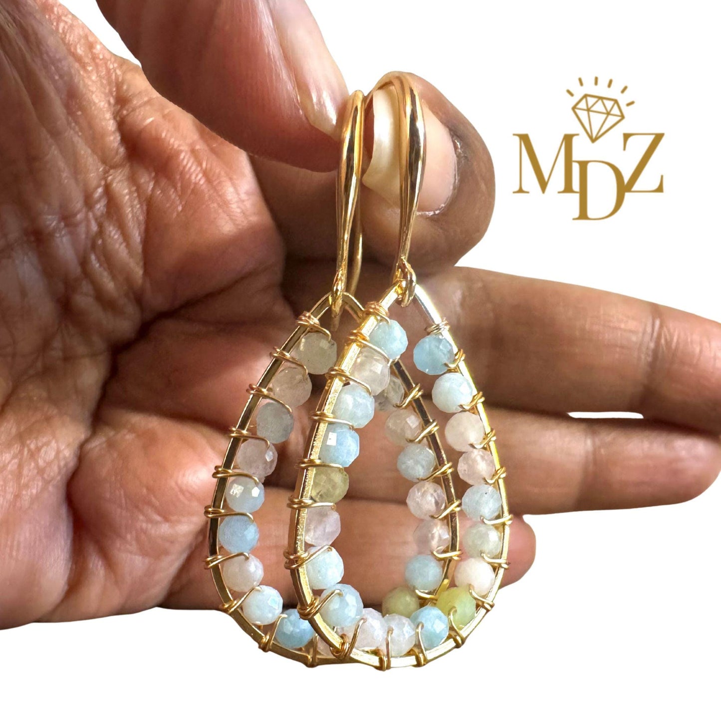 18K Gold Wire Wrapped Gemstone Teardrop Dangle Earrings : Minimalist Handmade Beaded Jewelry