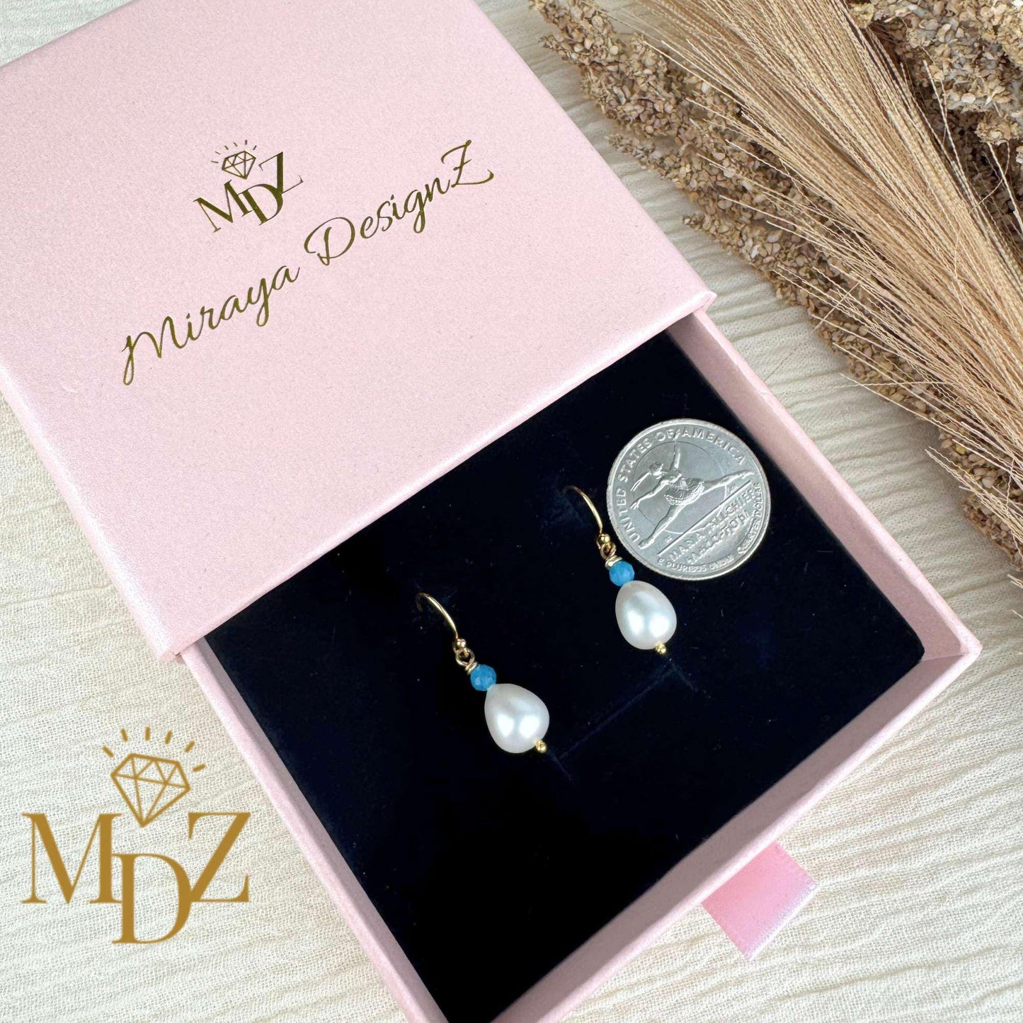 14K Gold Filled Freshwater Pearl Drop Earrings with Gemstones : Bridesmaid Gifts, Wedding Birthstone Jewelry