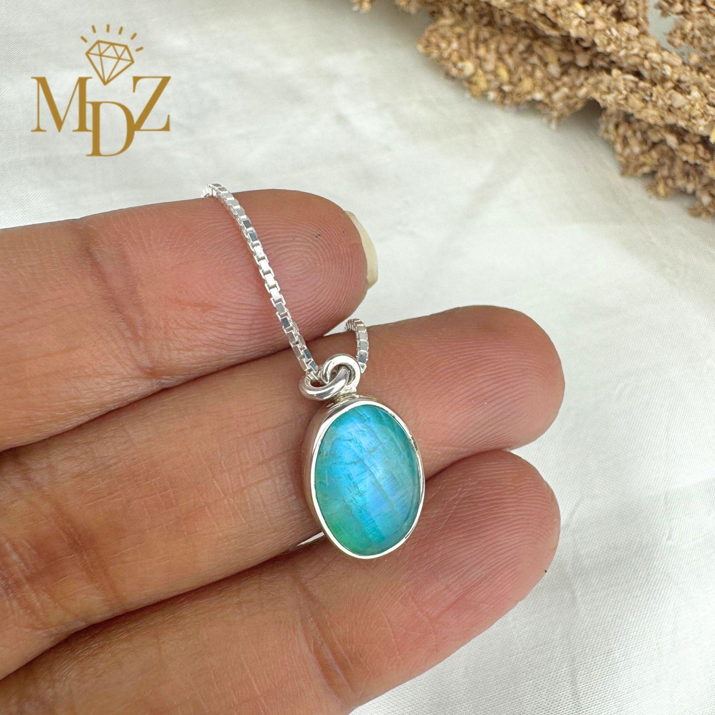 Teal Moonstone Sterling Silver Necklace: Minimalist Oval Moonstone Pendant, June Birthstone Gift