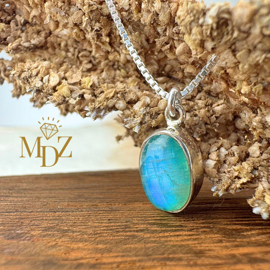 Teal Moonstone Sterling Silver Necklace: Minimalist Oval Moonstone Pendant, June Birthstone Gift