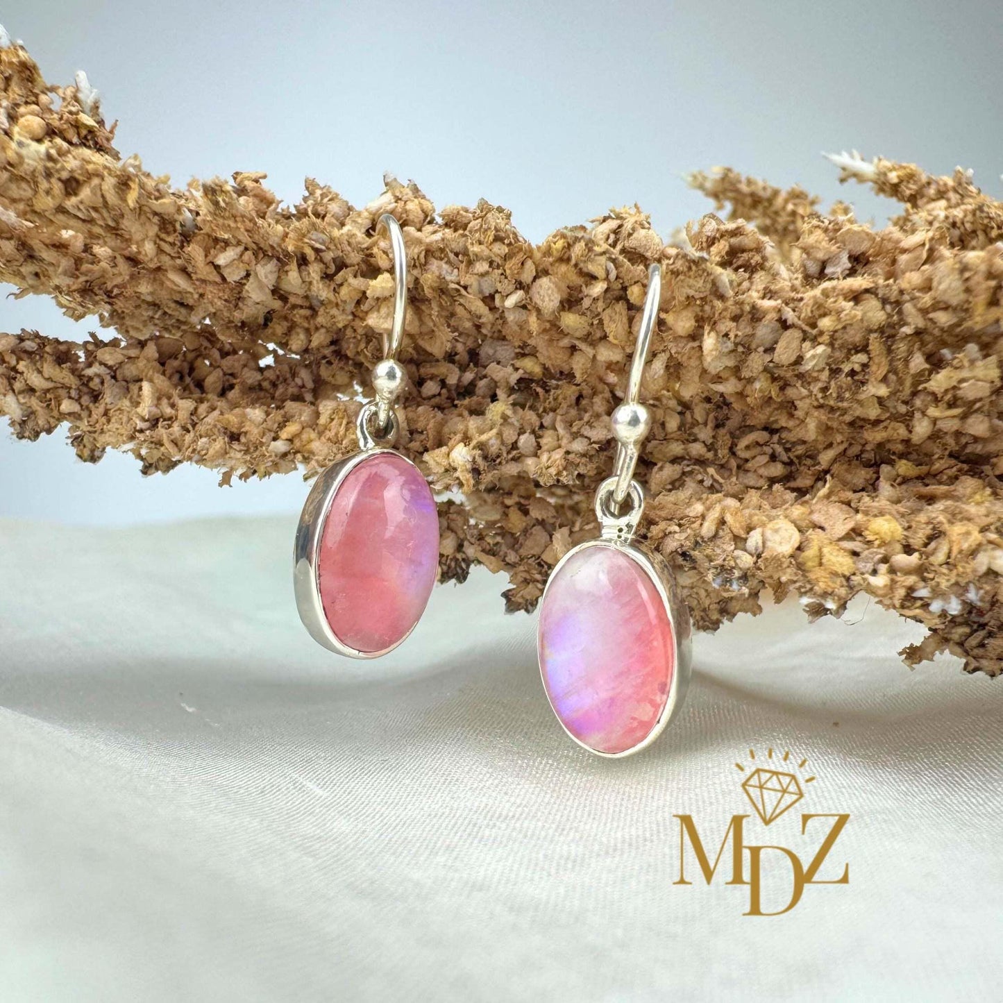 Sterling Silver Pink Moonstone Drop Earrings: Minimalist Oval Jewelry, June Birthstone Gift