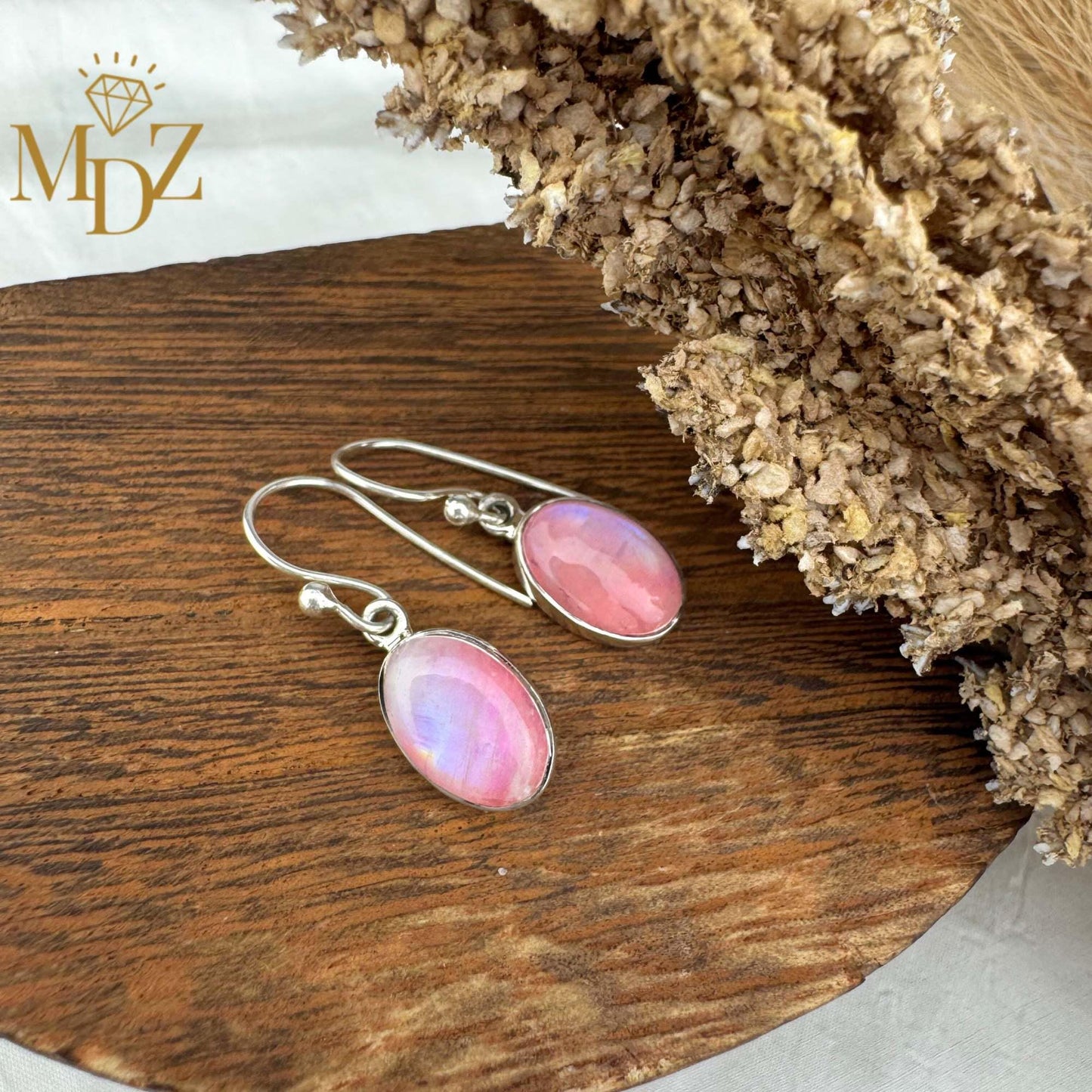 Sterling Silver Pink Moonstone Drop Earrings: Minimalist Oval Jewelry, June Birthstone Gift