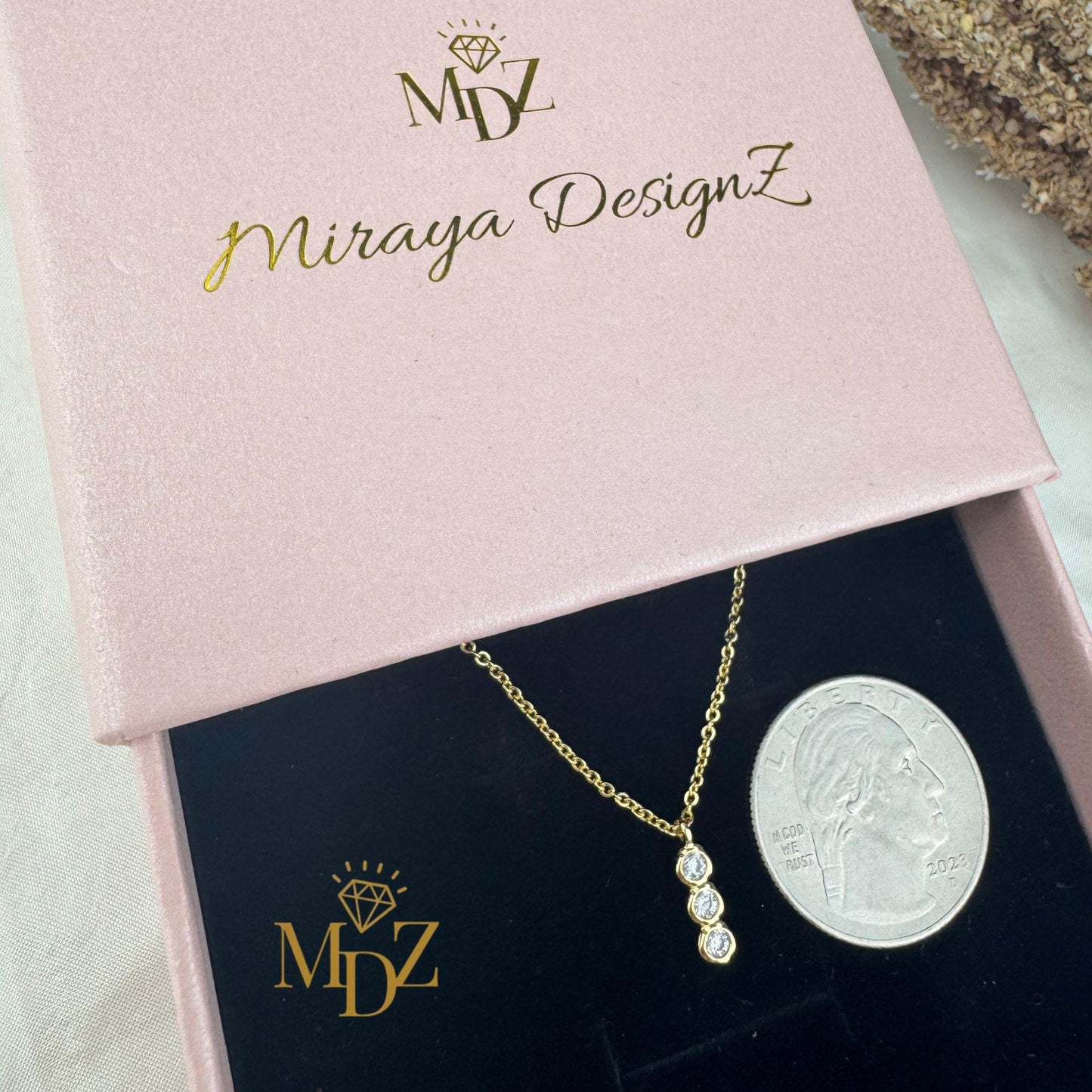 Tiny Gold Plated Three Stone Necklace : Dainty CZ Layering Bezel Necklace