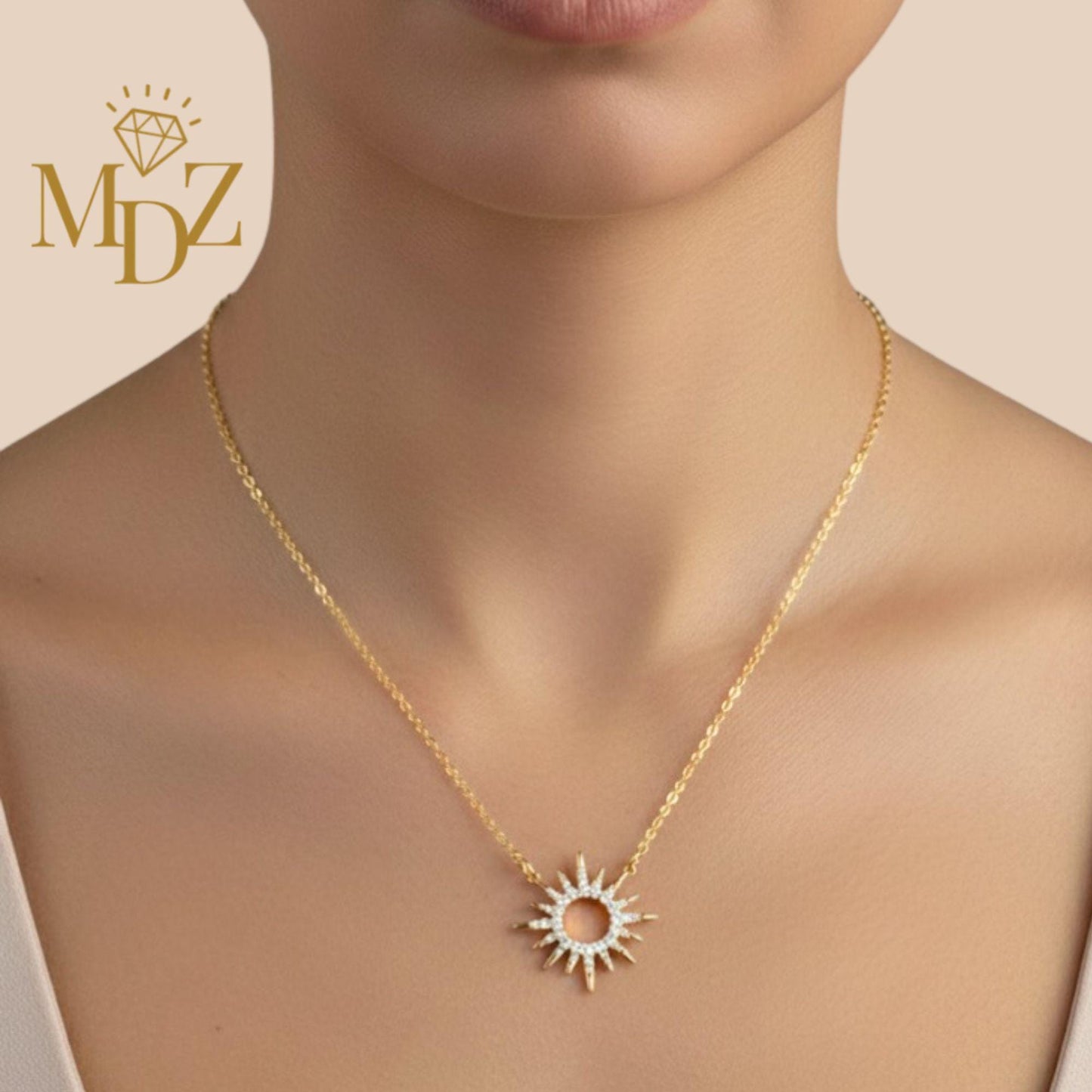 Celestial Sunburst Necklace, Dainty 18K Gold Plated CZ Pendant