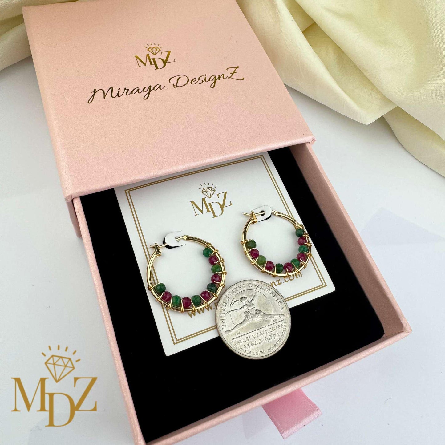 Handmade Christmas Gold Hoop Earrings : Ruby and Jade Gemstone Jewelry