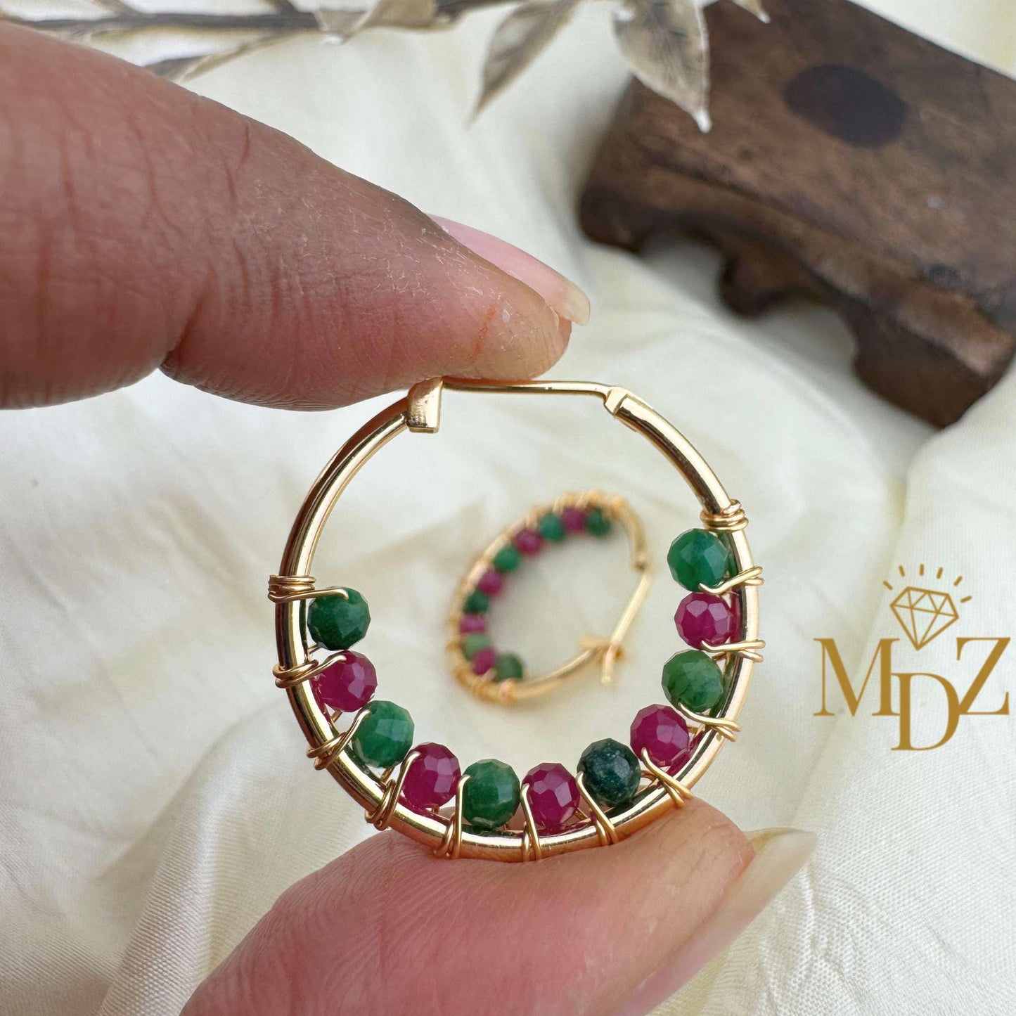 Handmade Christmas Gold Hoop Earrings : Ruby and Jade Gemstone Jewelry