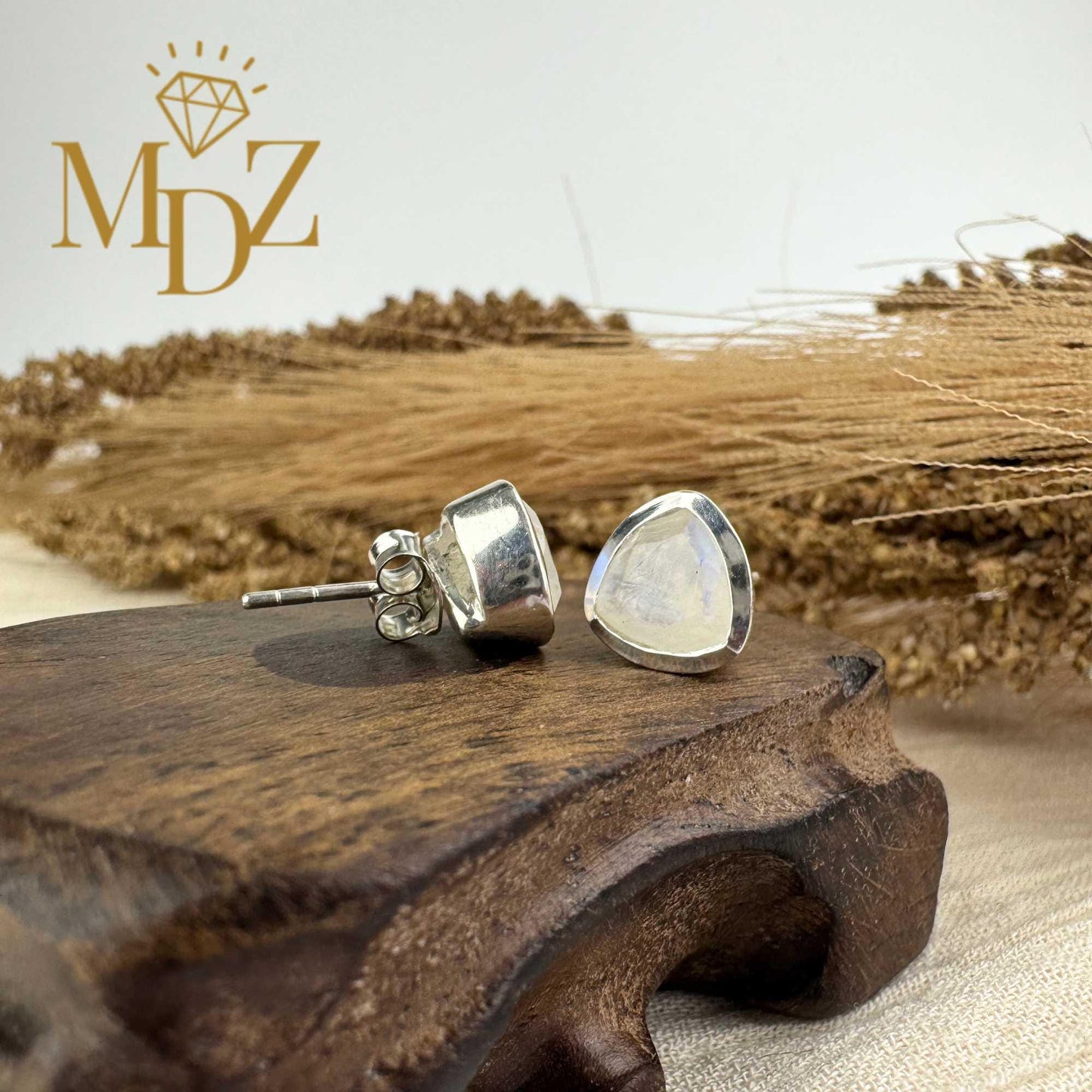 Sterling Silver Triangle Rainbow Moonstone Stud Earrings : June Birthstone Jewelry