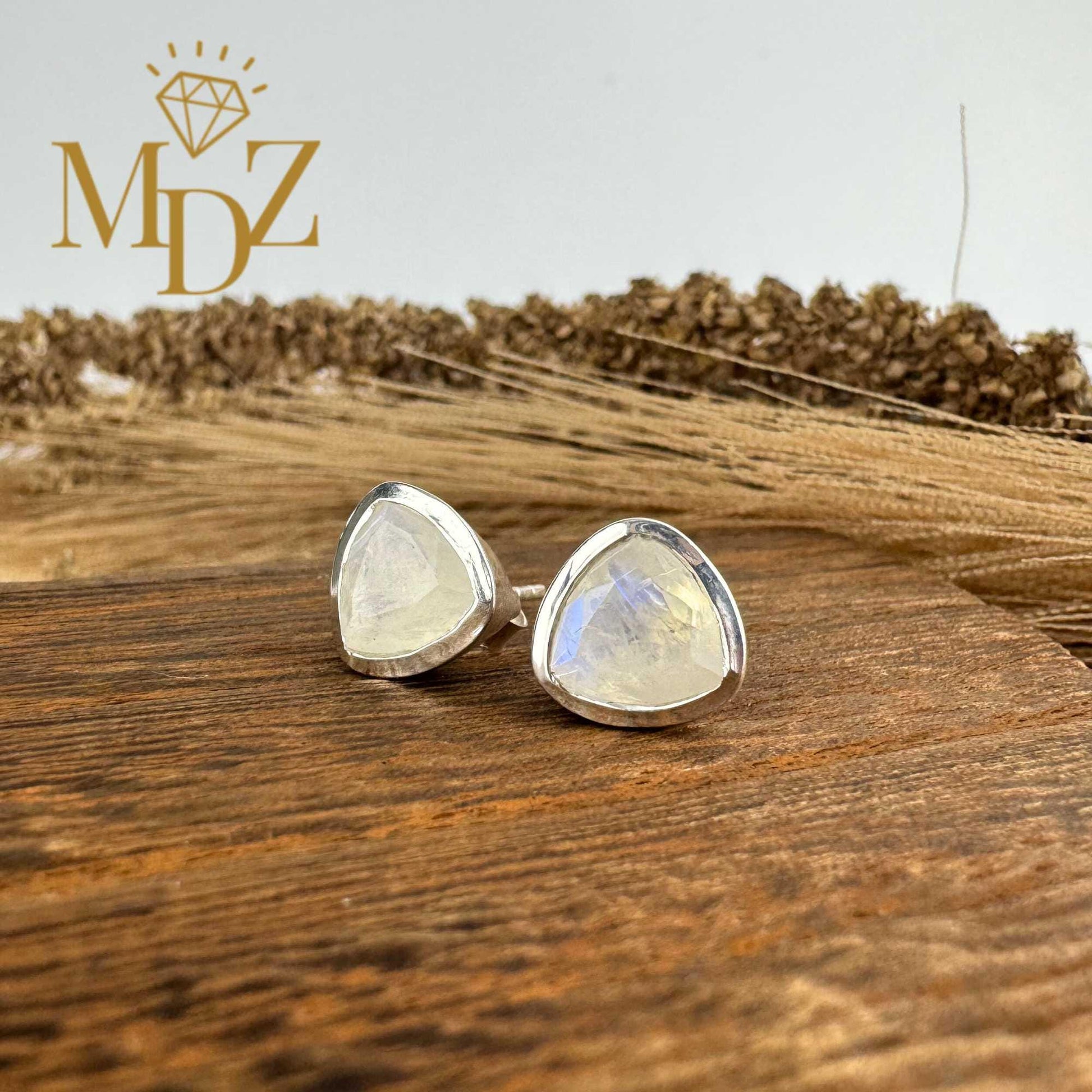 Sterling Silver Triangle Rainbow Moonstone Stud Earrings : June Birthstone Jewelry