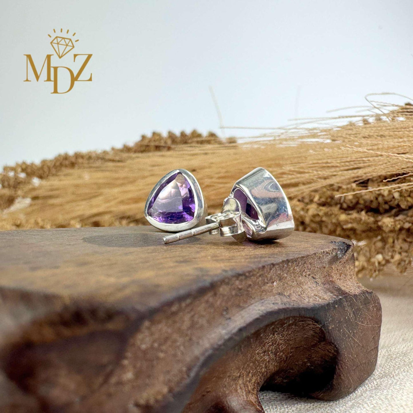 Sterling Silver Triangle Amethyst Stud Earrings : February Birthstone Jewelry