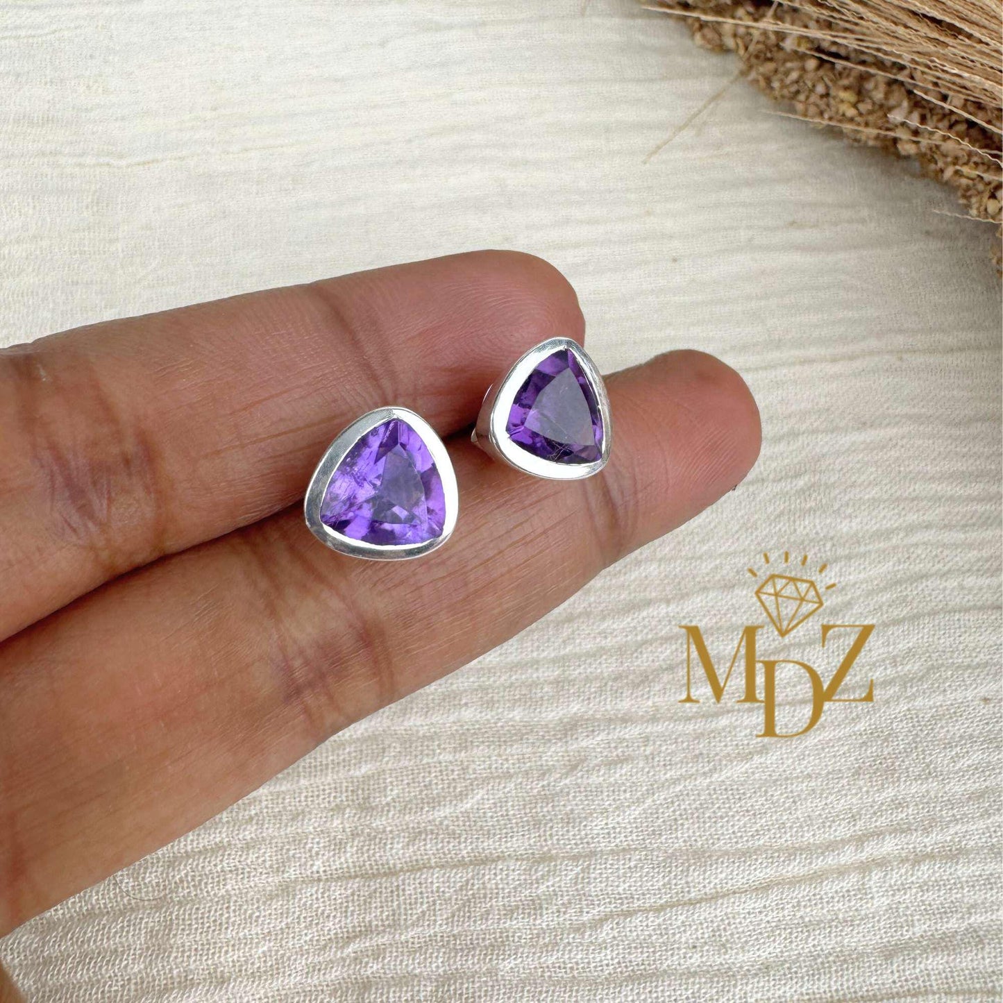 Sterling Silver Triangle Amethyst Stud Earrings : February Birthstone Jewelry