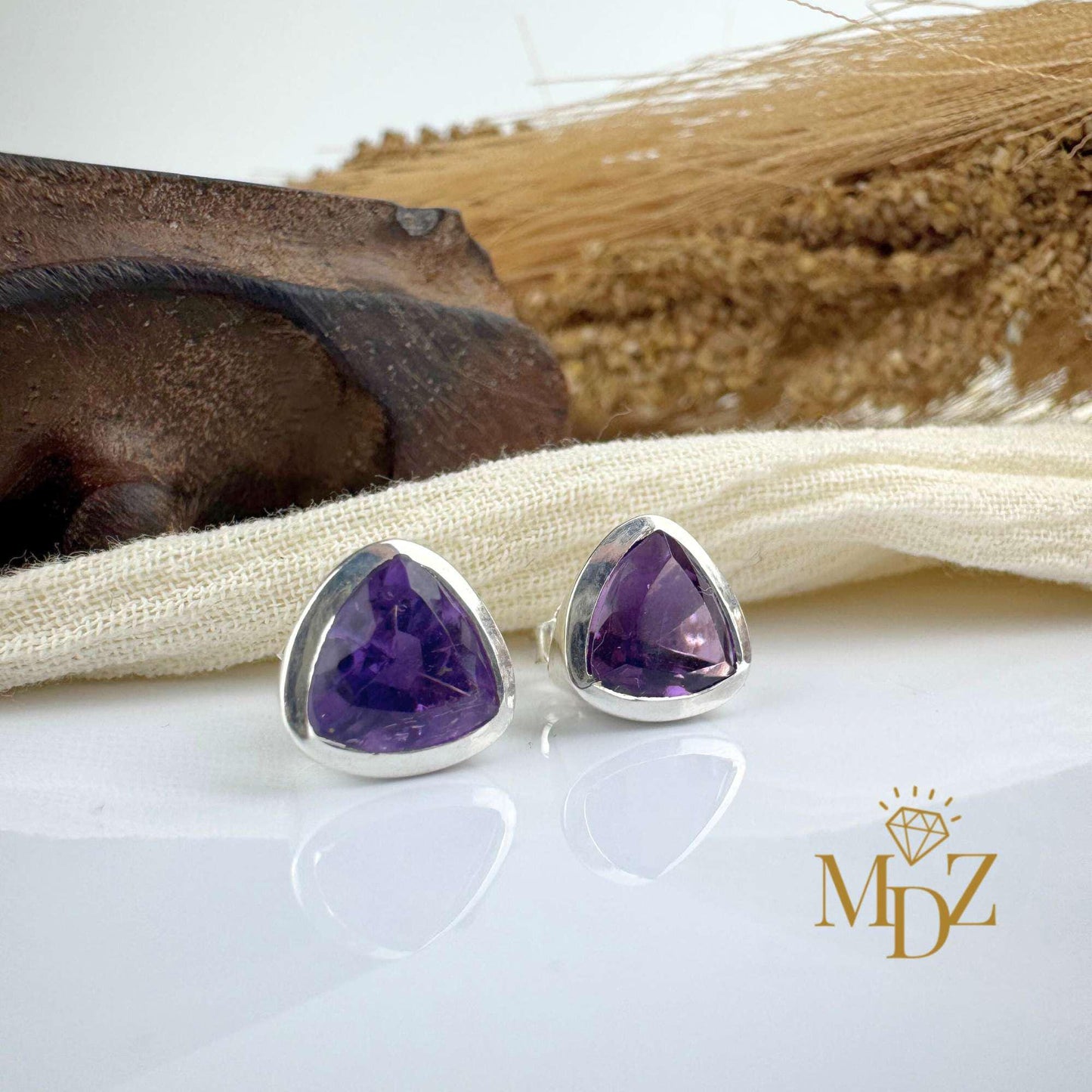 Sterling Silver Triangle Amethyst Stud Earrings : February Birthstone Jewelry
