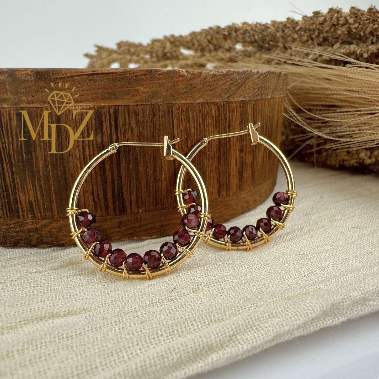 18K Gold Wire Wrapped Thin Hoop Earrings: Garnet, Moonstone & Turquoise Birthstone Jewelry