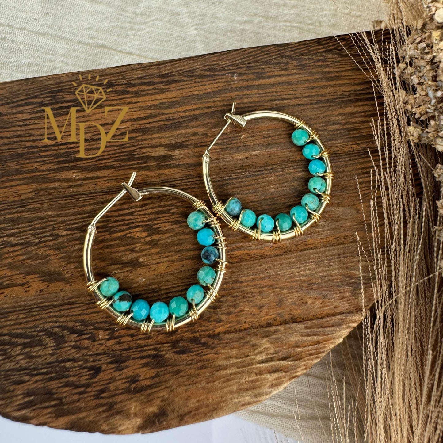 18K Gold Wire Wrapped Thin Hoop Earrings: Garnet, Moonstone & Turquoise Birthstone Jewelry