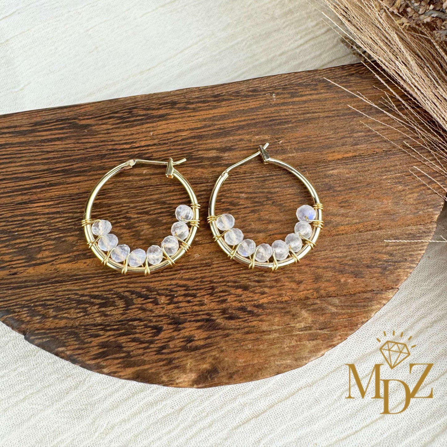 18K Gold Wire Wrapped Thin Hoop Earrings: Garnet, Moonstone & Turquoise Birthstone Jewelry