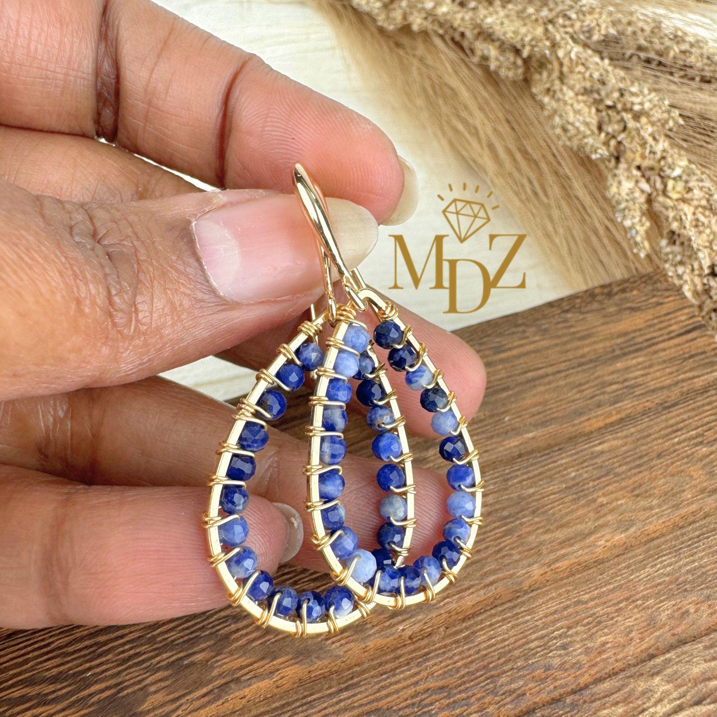 18K Gold Wire Wrapped Gemstone Teardrop Dangle Earrings : Minimalist Handmade Beaded Jewelry