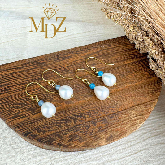 14K Gold Filled Freshwater Pearl Drop Earrings with Gemstones : Bridesmaid Gifts, Wedding Birthstone Jewelry