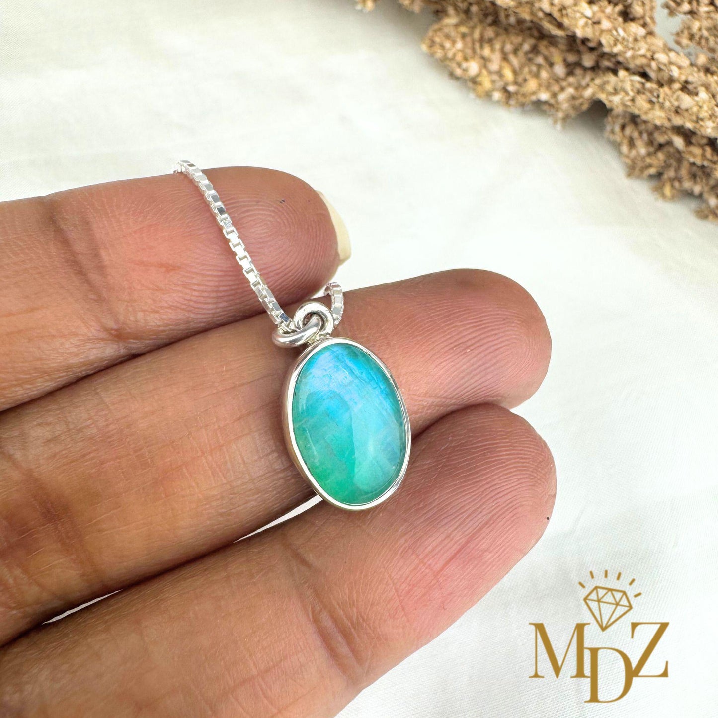 Teal Moonstone Sterling Silver Necklace: Minimalist Oval Moonstone Pendant, June Birthstone Gift