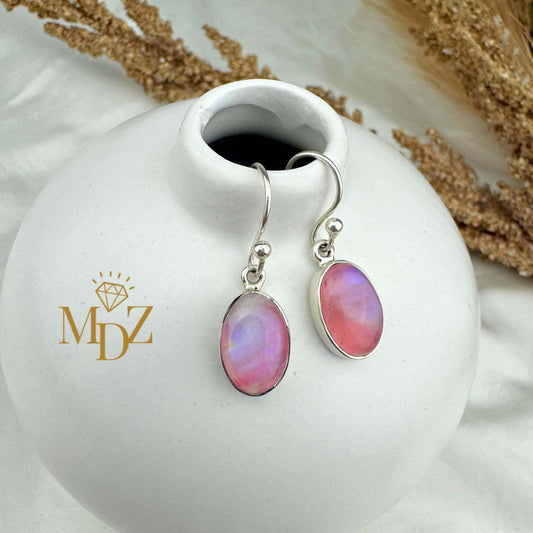 Sterling Silver Pink Moonstone Drop Earrings: Minimalist Oval Jewelry, June Birthstone Gift