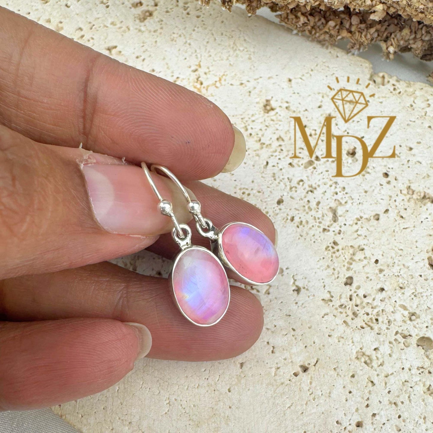 Sterling Silver Pink Moonstone Drop Earrings: Minimalist Oval Jewelry, June Birthstone Gift