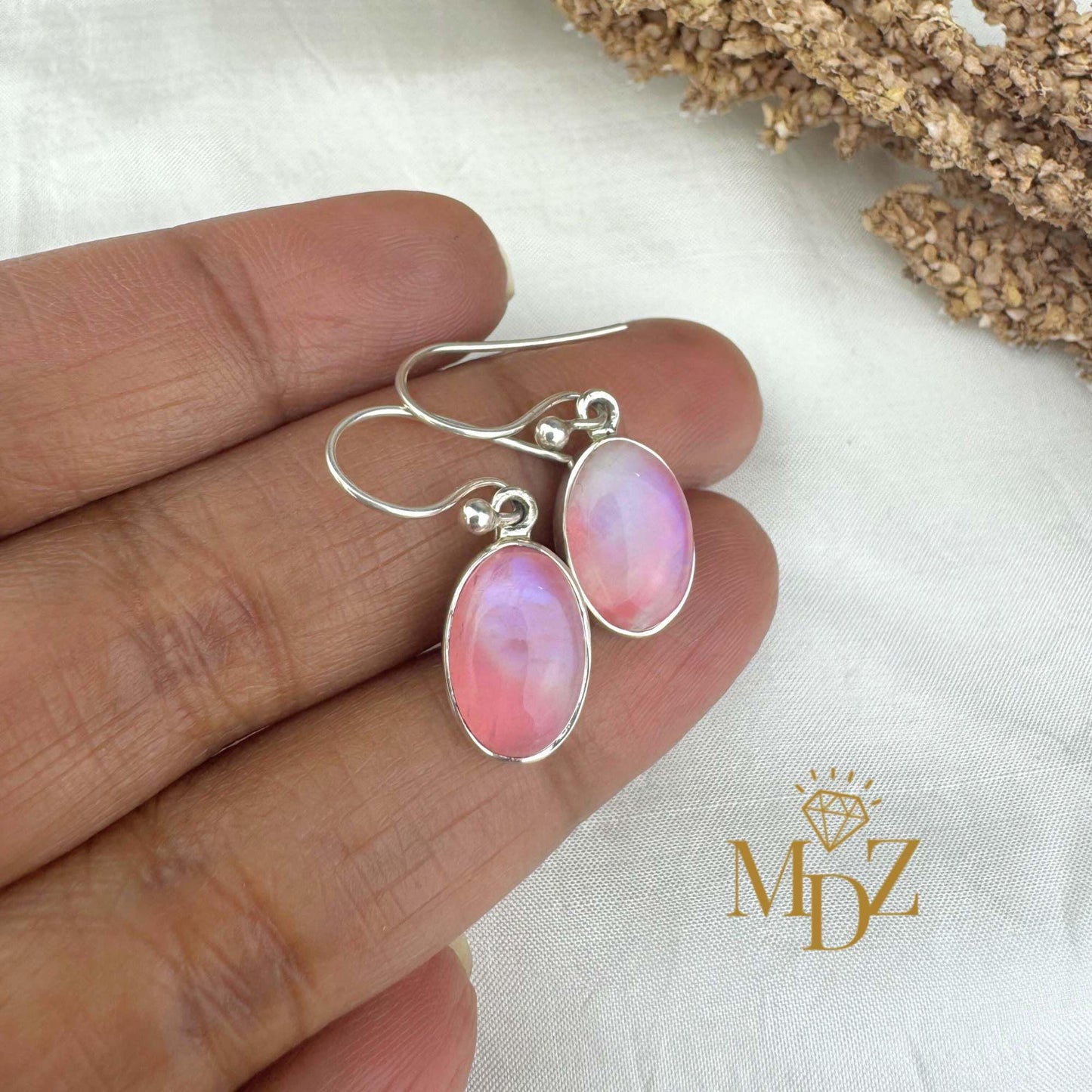 Sterling Silver Pink Moonstone Drop Earrings: Minimalist Oval Jewelry, June Birthstone Gift