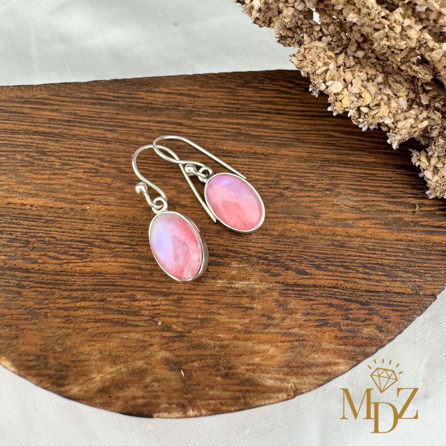 Sterling Silver Pink Moonstone Drop Earrings: Minimalist Oval Jewelry, June Birthstone Gift