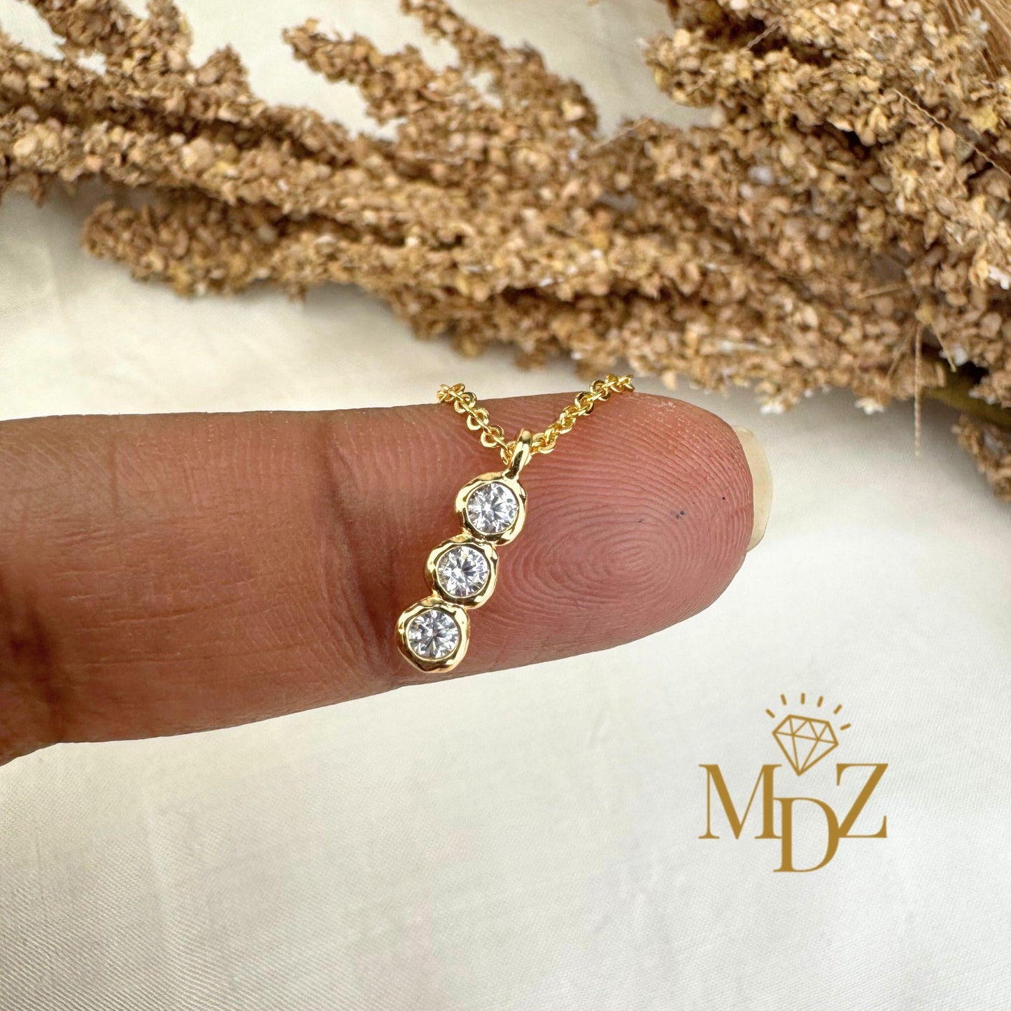 Tiny Gold Plated Three Stone Necklace : Dainty CZ Layering Bezel Necklace