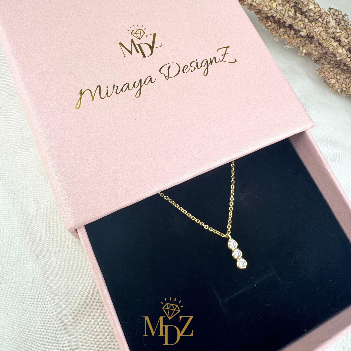 Tiny Gold Plated Three Stone Necklace : Dainty CZ Layering Bezel Necklace