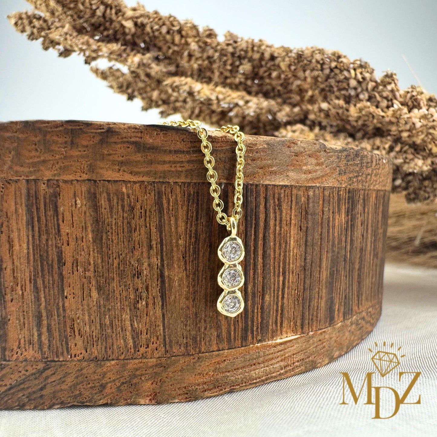 Tiny Gold Plated Three Stone Necklace : Dainty CZ Layering Bezel Necklace