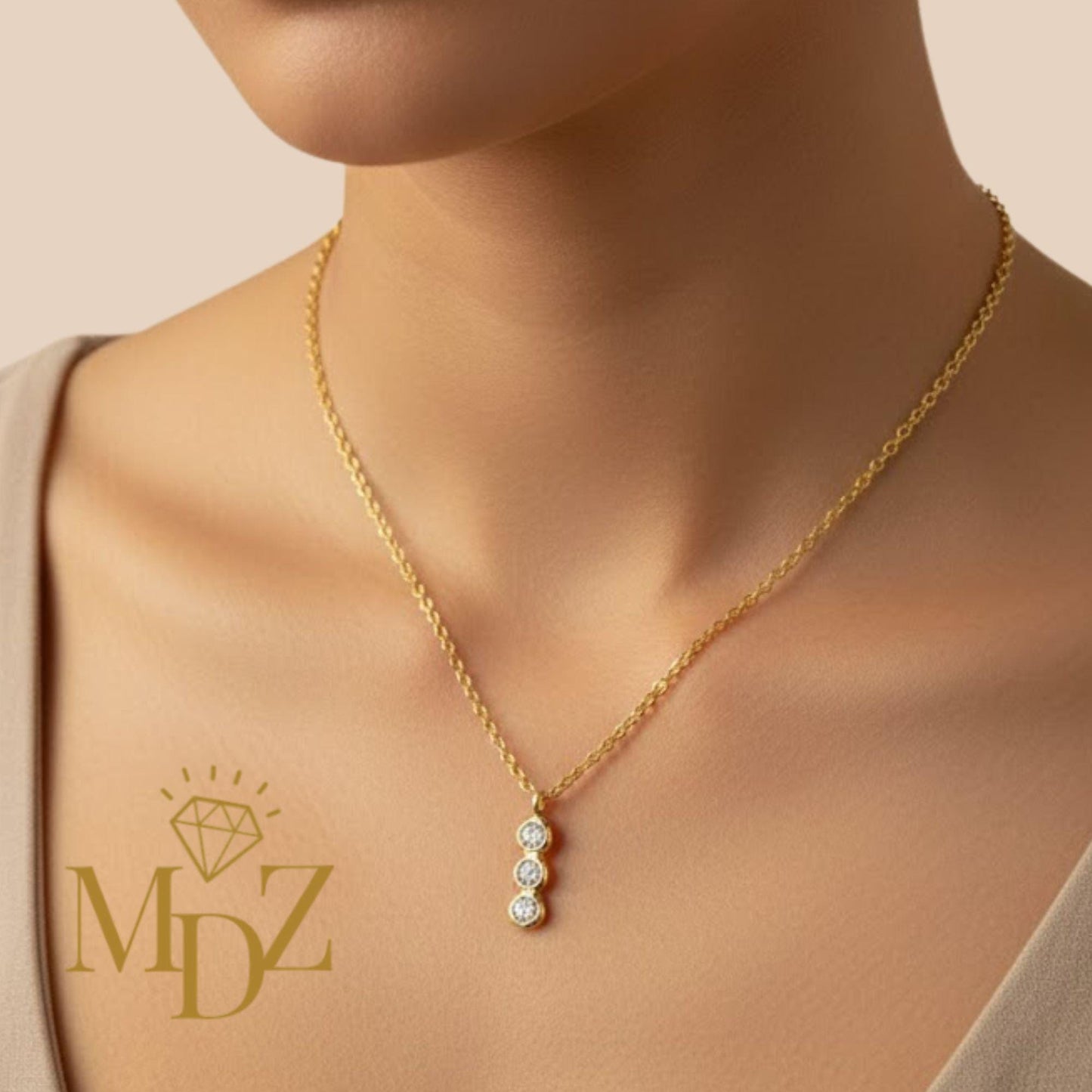 Tiny Gold Plated Three Stone Necklace : Dainty CZ Layering Bezel Necklace